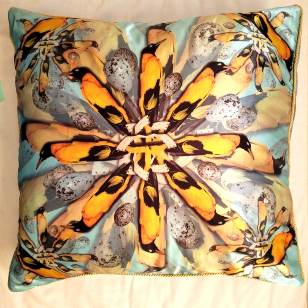 Original Art Velvet & Corduroy Pillow Cover Kaleidoscope Baltimore  Oriole Birds